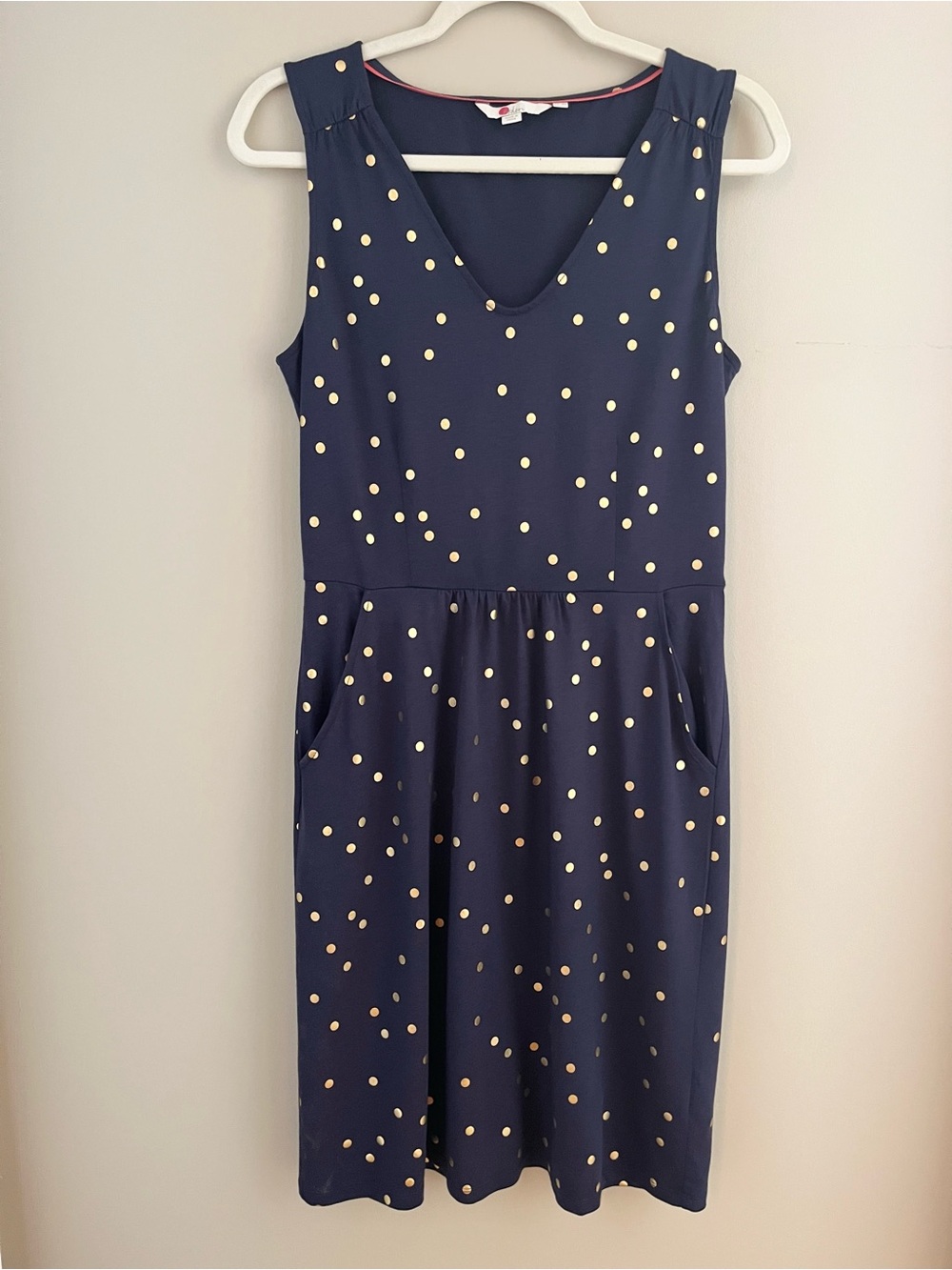 Boden Melinda Navy Gold Foil Polka Dot Dress 8